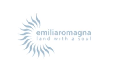 Logo dell'Emilia-Romagna con il motto 'land with a soul' e un sole stilizzato.